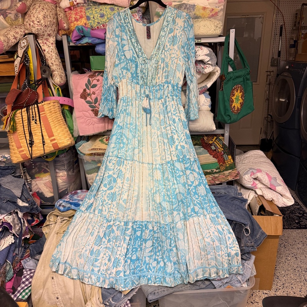 Magic Blue and Cream Long Sleeve Tiered Maxi Dress